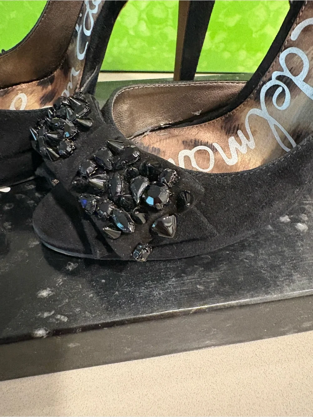 Sam Edelman Black Suede Peep-Toe Heels with Embellishment